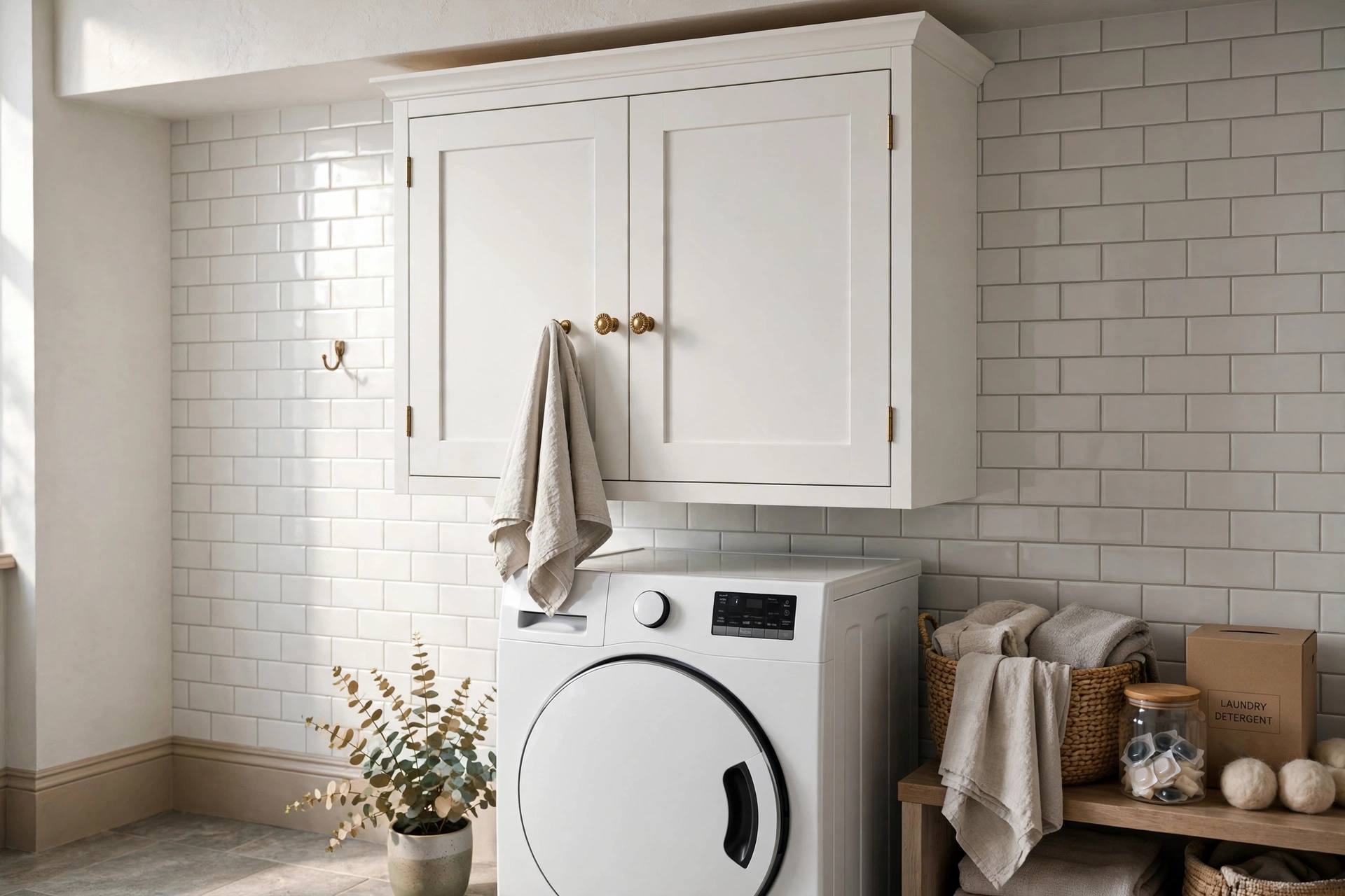 Shaker style wall cabinet hiding laundry supplies above the washer
