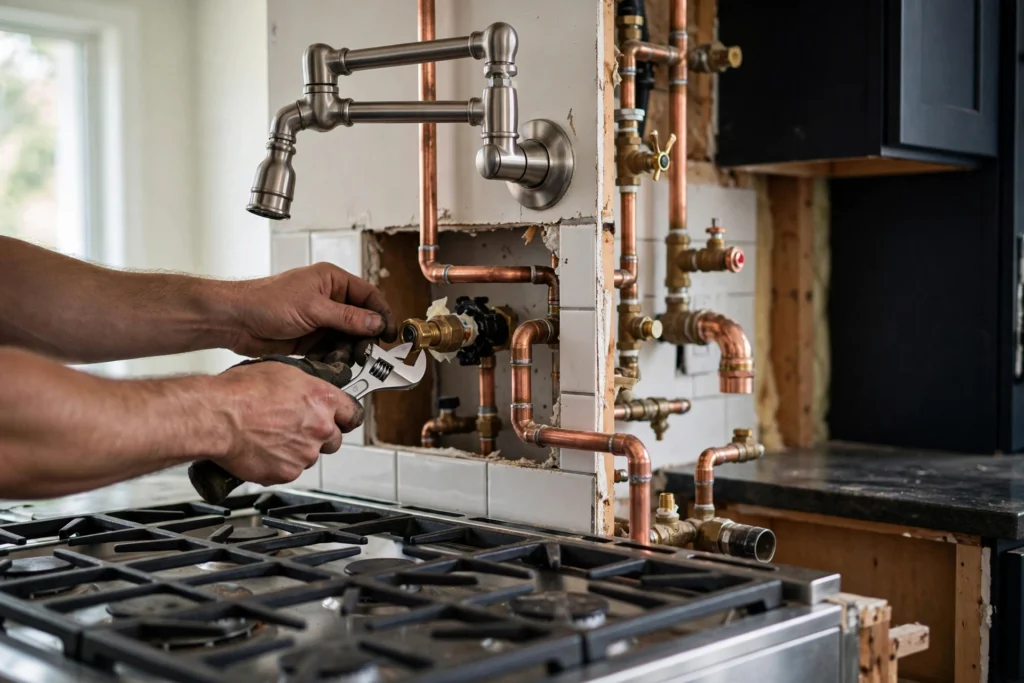 Plumber checking the shut-off valve for a wall-mounted pot filler installation