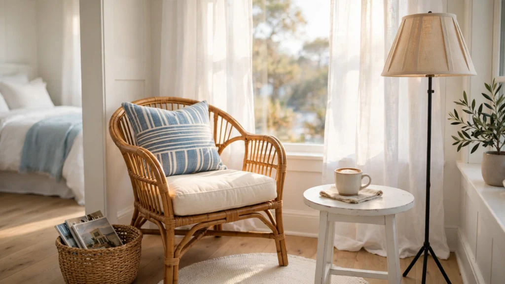 Rattan armchair reading nook with linen lamp in a bright coastal bedroom