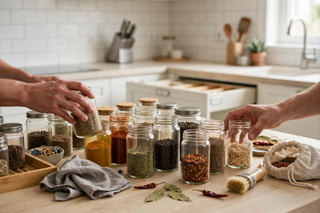 Hands sorting spice jars during a semiannual kitchen organization refresh
