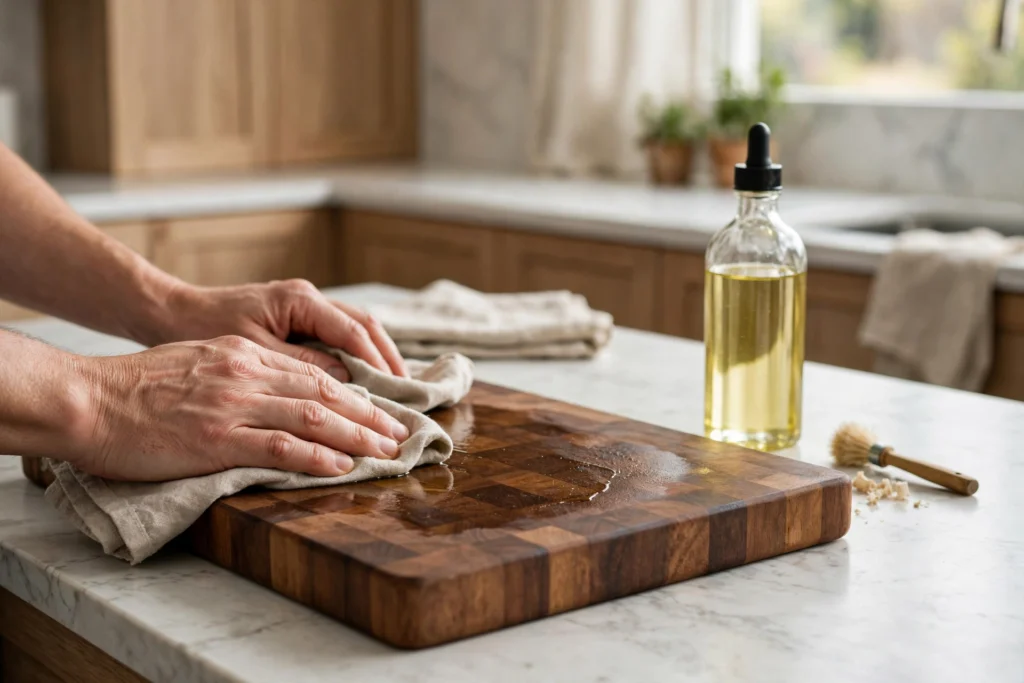 Hands rubbing food-grade mineral oil into a wooden cutting board for upkeep