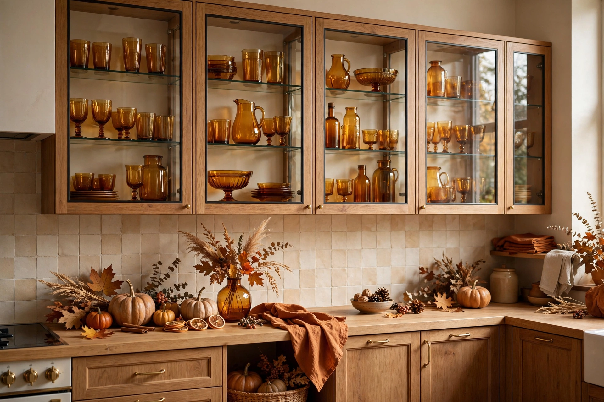Glass cabinets styled with amber glassware and autumn accents for the season