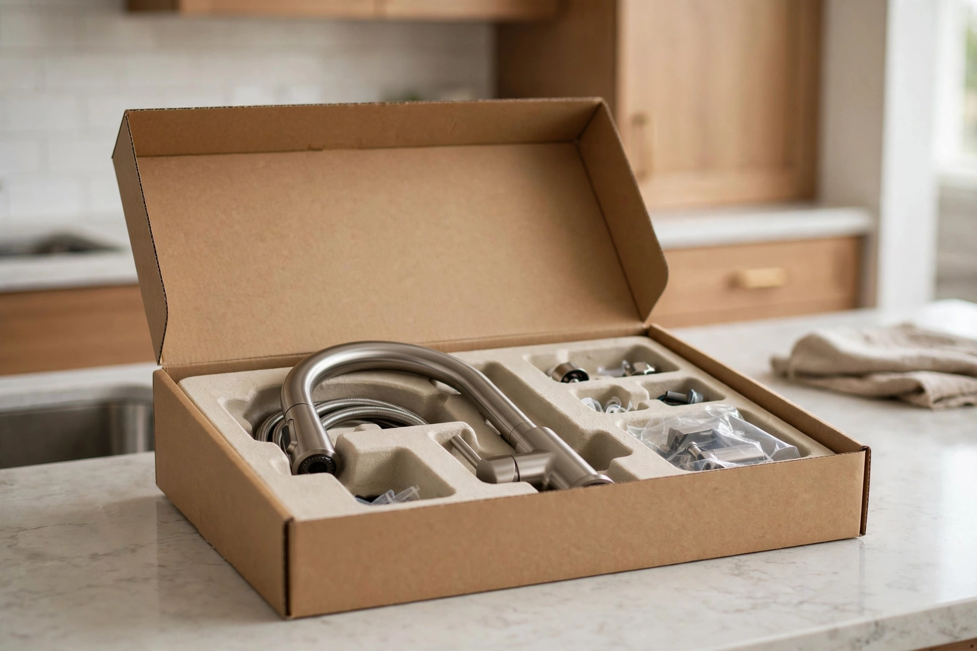 Premium kitchen faucet box showing lifetime warranty from a reputable brand