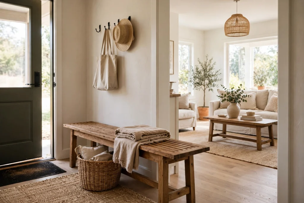 Long bench with basket and throw near entry opening to living room