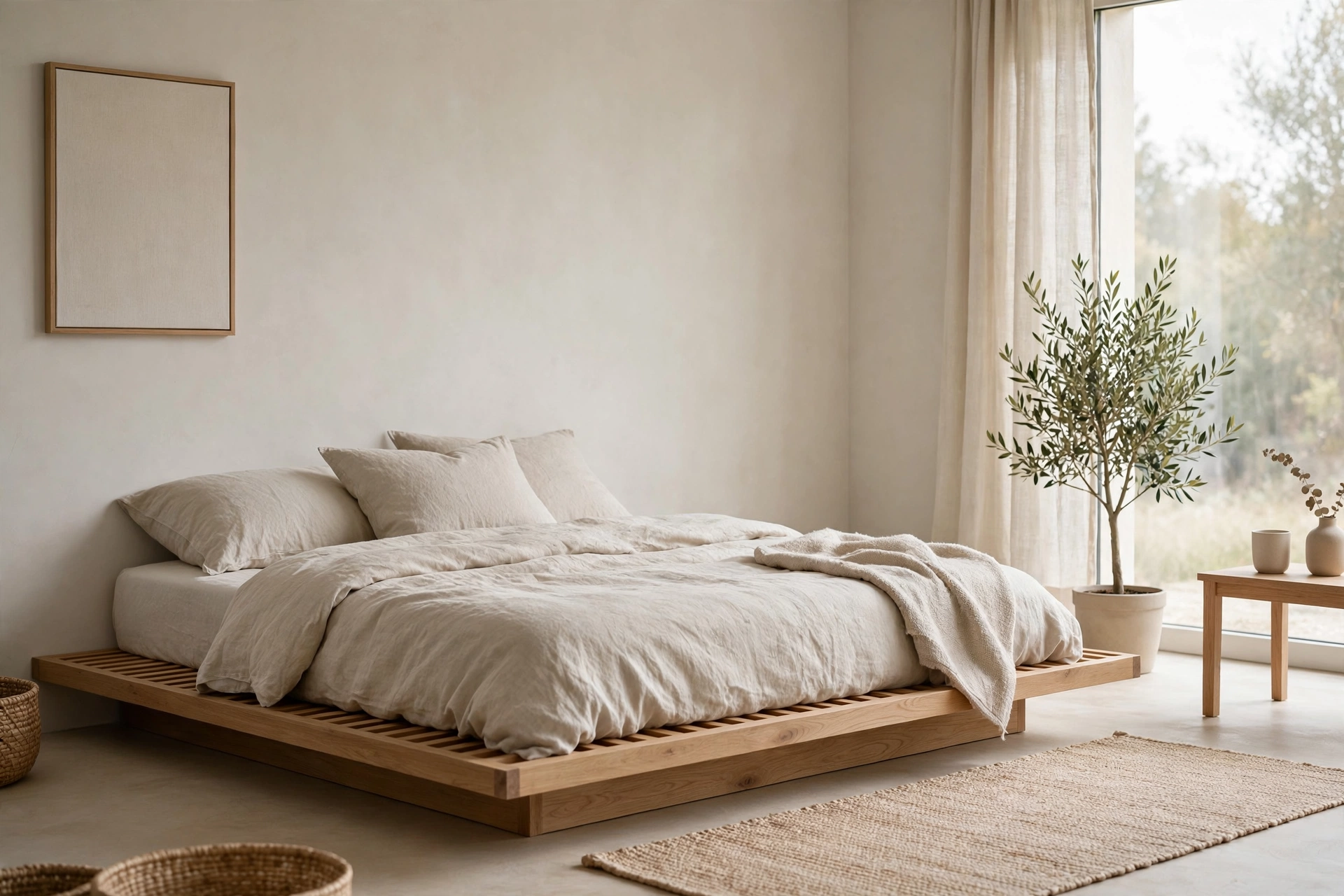 Low wooden platform daybed with linen bedding in minimalist room