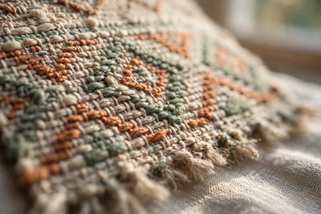 Close up of handwoven tapestry showing detailed weft texture