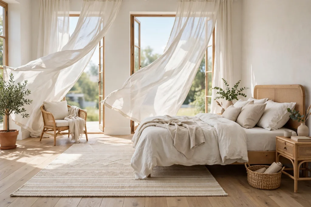Light summer flatweave rug brightening an airy bedroom with linen curtains