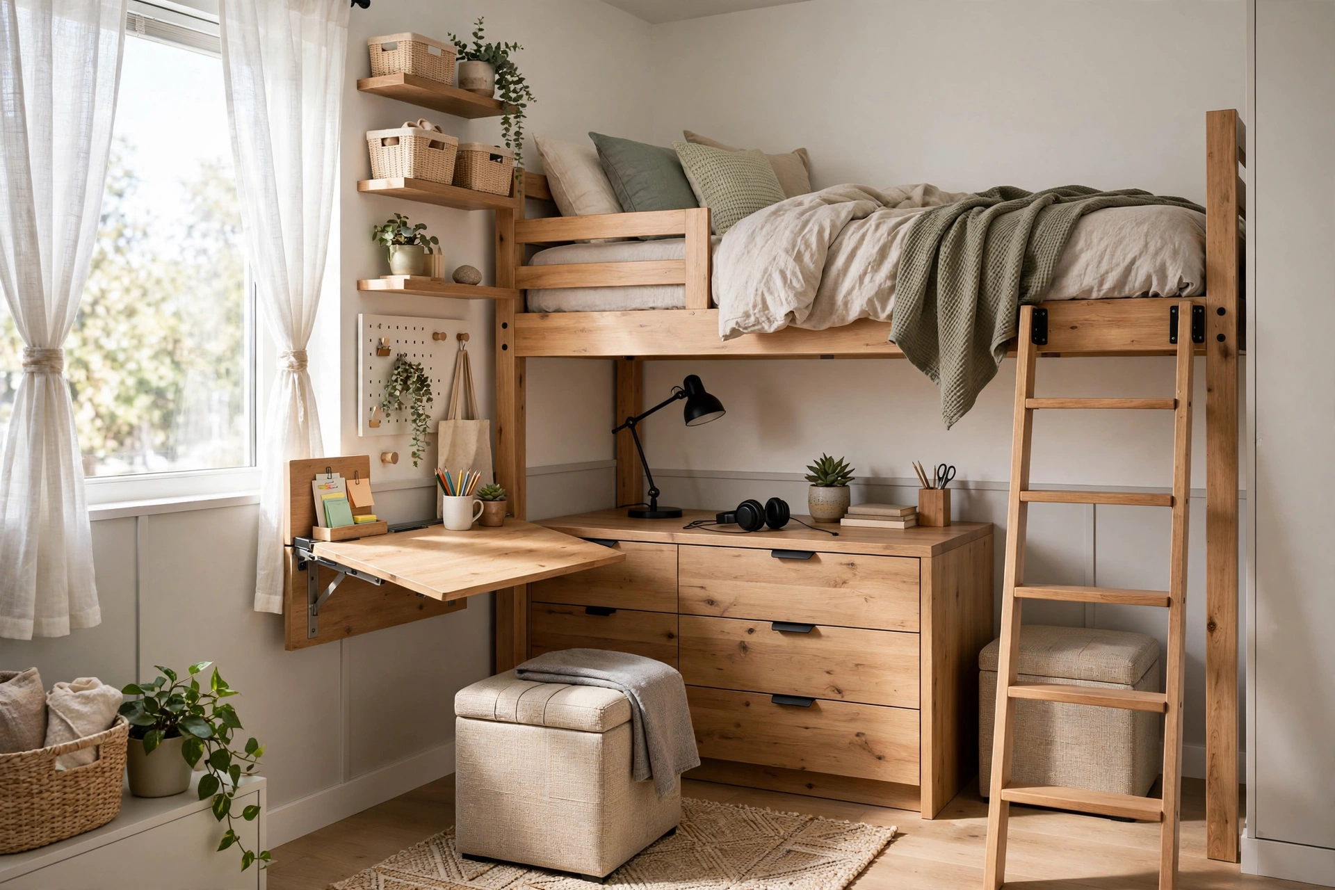 Compact teen bedroom with a loft bed, desk with deep drawers and a storage ottoman