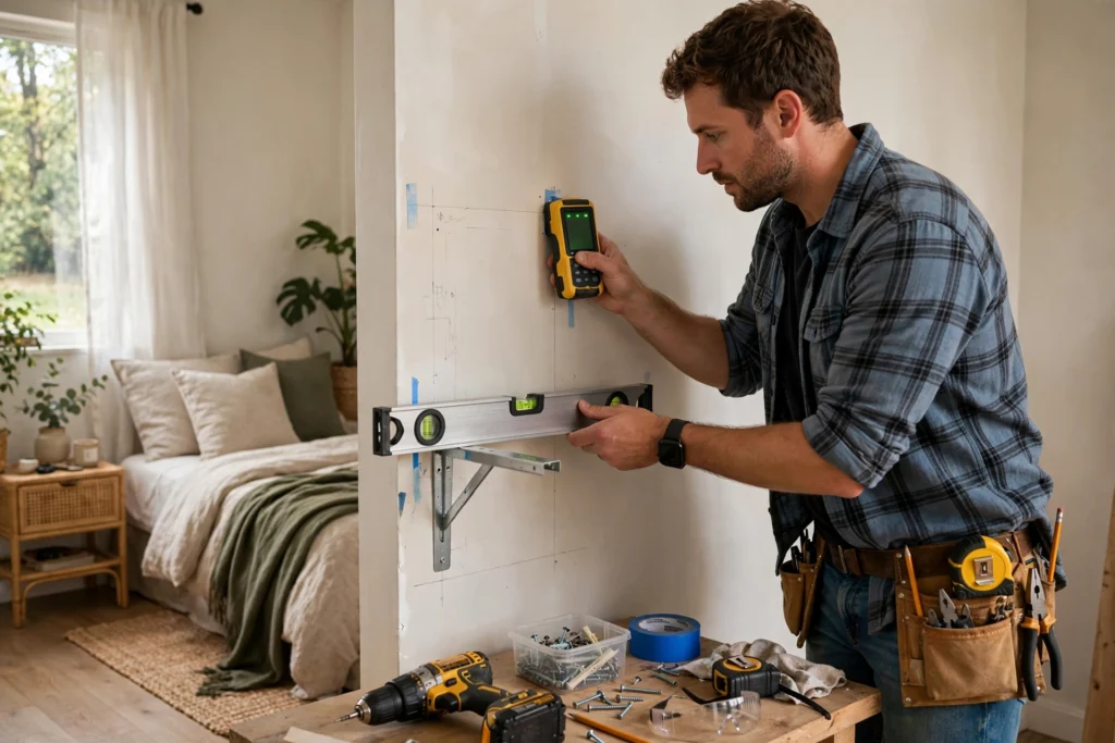 Person using a stud finder and level to mount a floating shelf on a wall