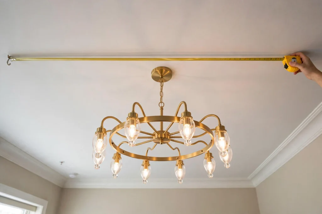 Tape measure showing chandelier diameter sizing in a bedroom layout