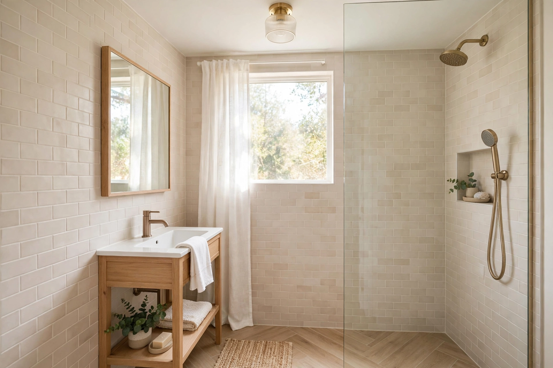Small bathroom with tonal light grout making walls feel larger