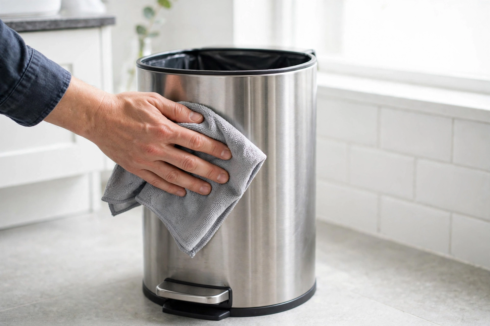 Bathroom trash can being wiped clean during a simple maintenance routine