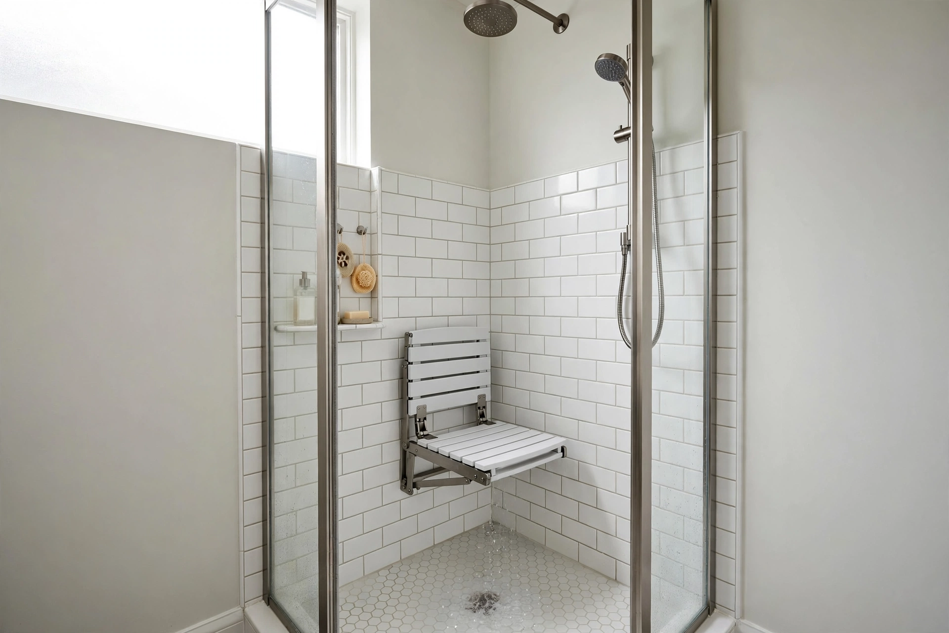 Slim fold-up shower seat in a compact corner shower stall
