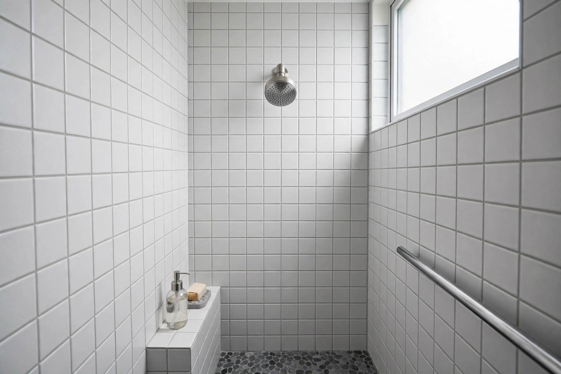 Compact high-pressure shower head on a short arm in a small tiled shower