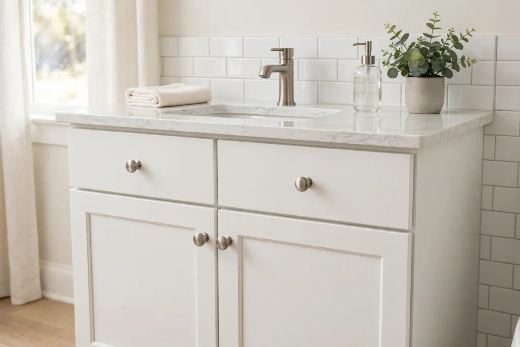 Freshly swapped stainless knobs on a refinished bathroom vanity cabinet