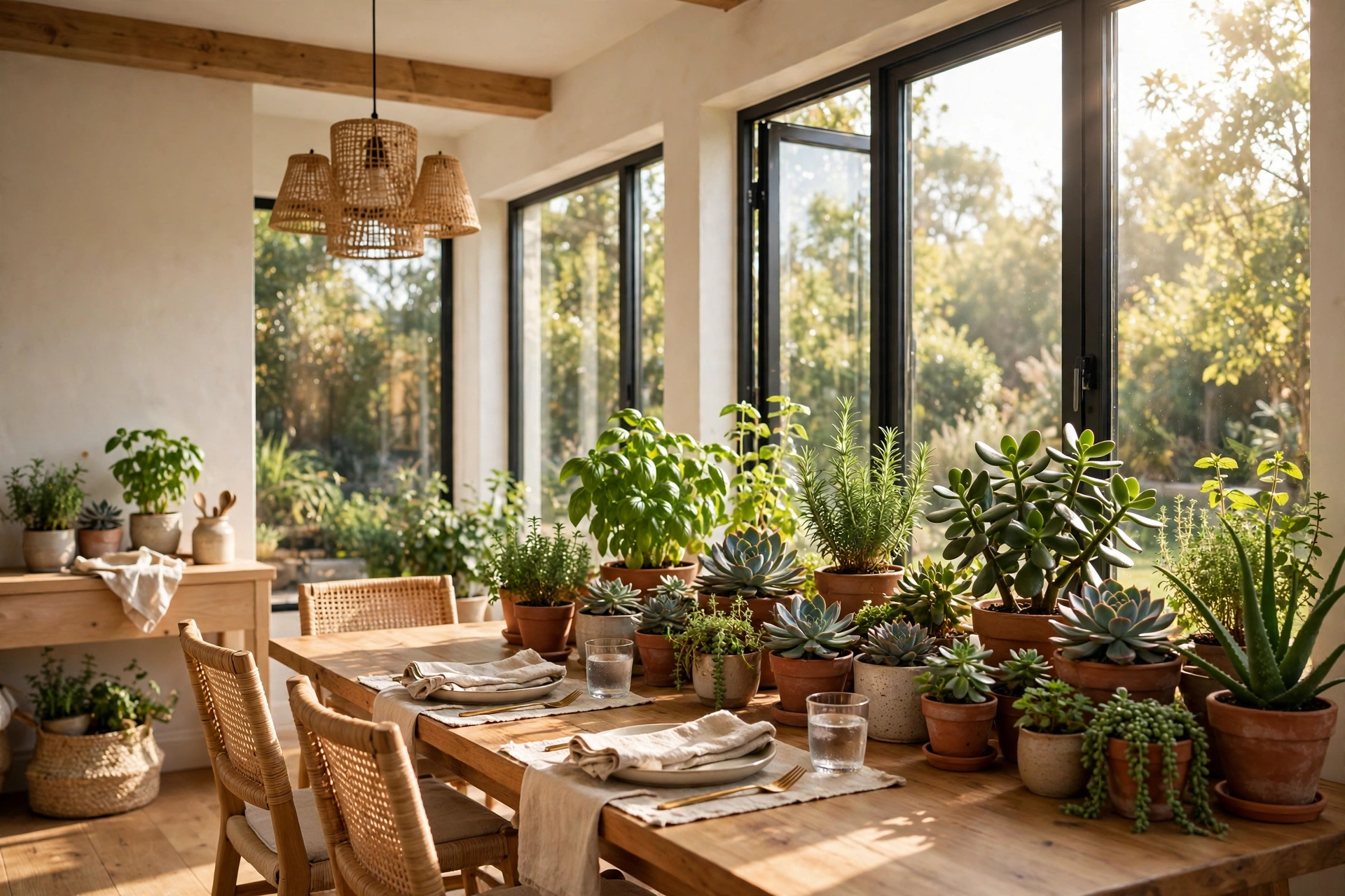Bright dining room with sun-loving succulents and herbs thriving by large windows