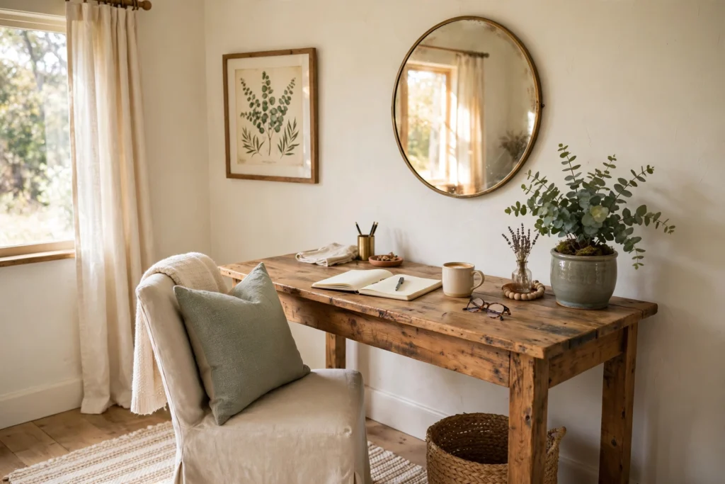 Farmhouse home office in a warm white and cream color palette
