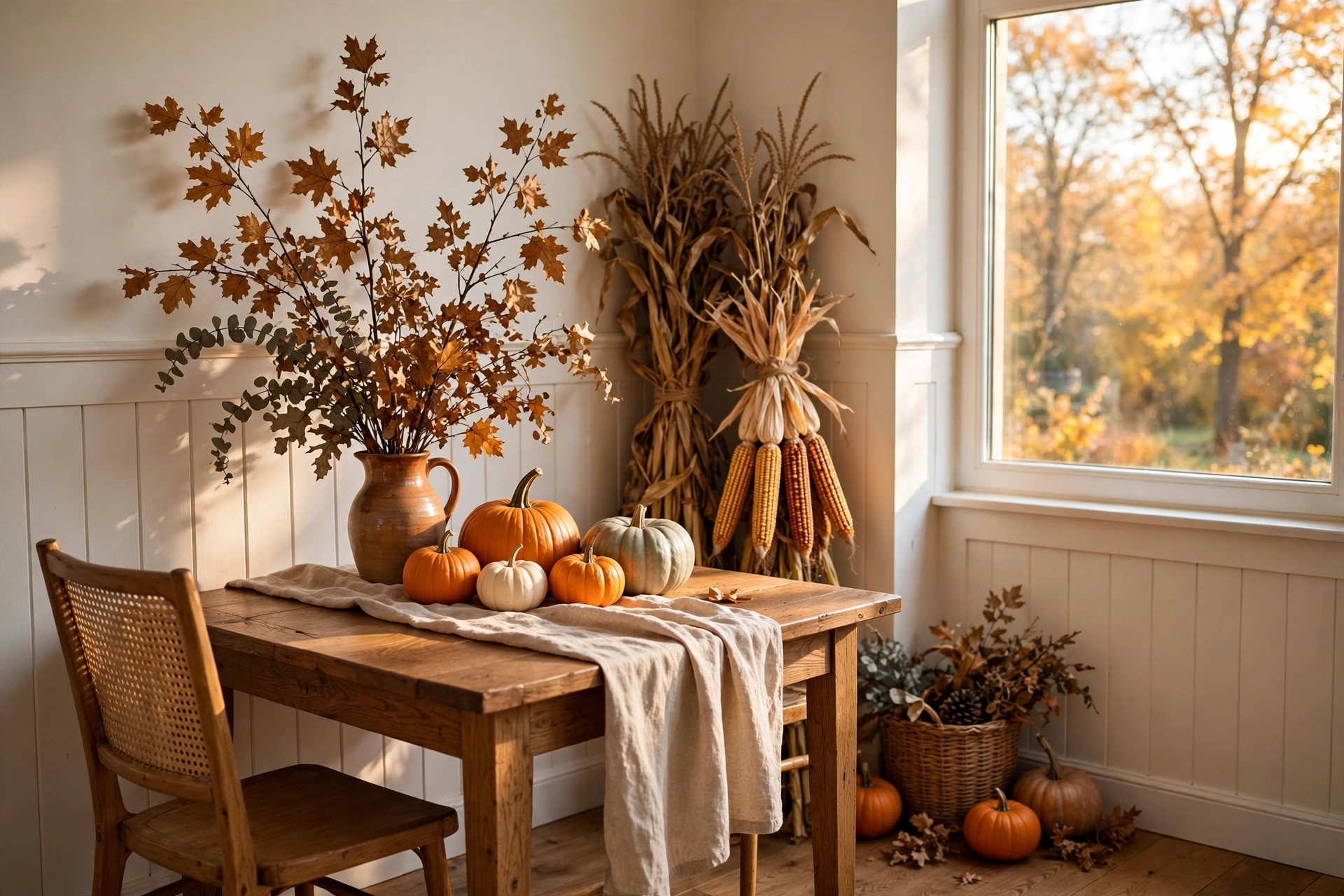 Dining room corner styled with pumpkins, dried corn, and fall branches for autumn