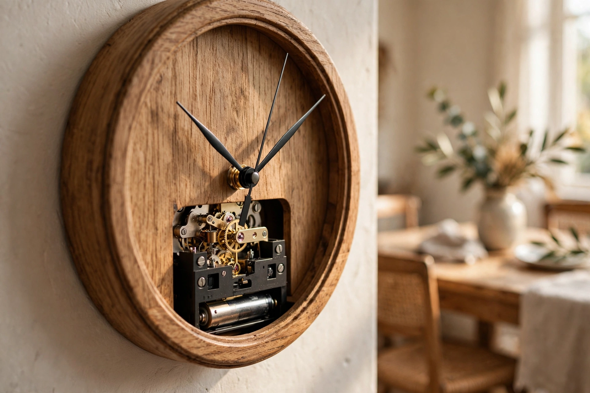 Close-up of a silent sweep clock movement with smooth-gliding hands