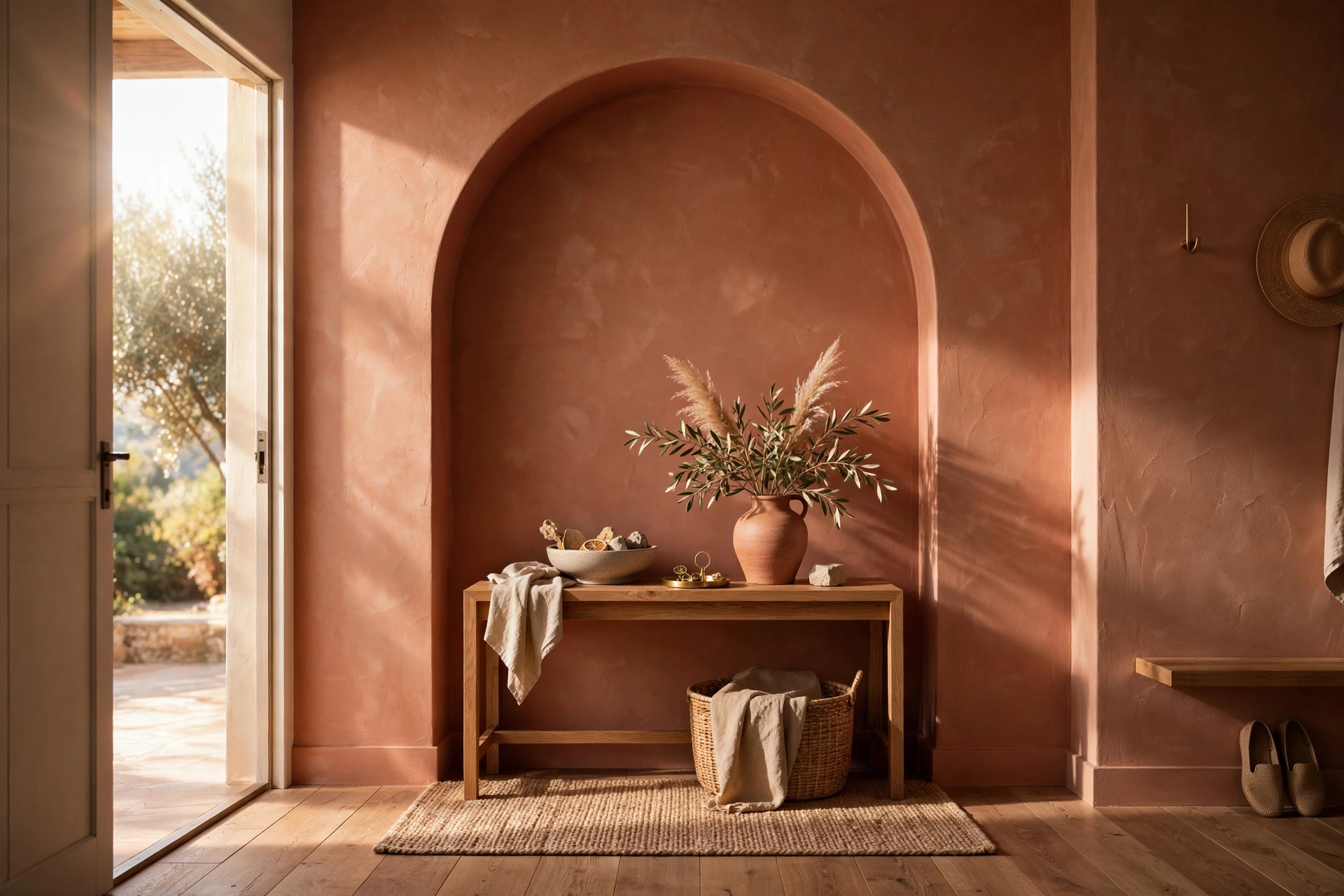 Terracotta painted arch framing a console table on an entryway wall