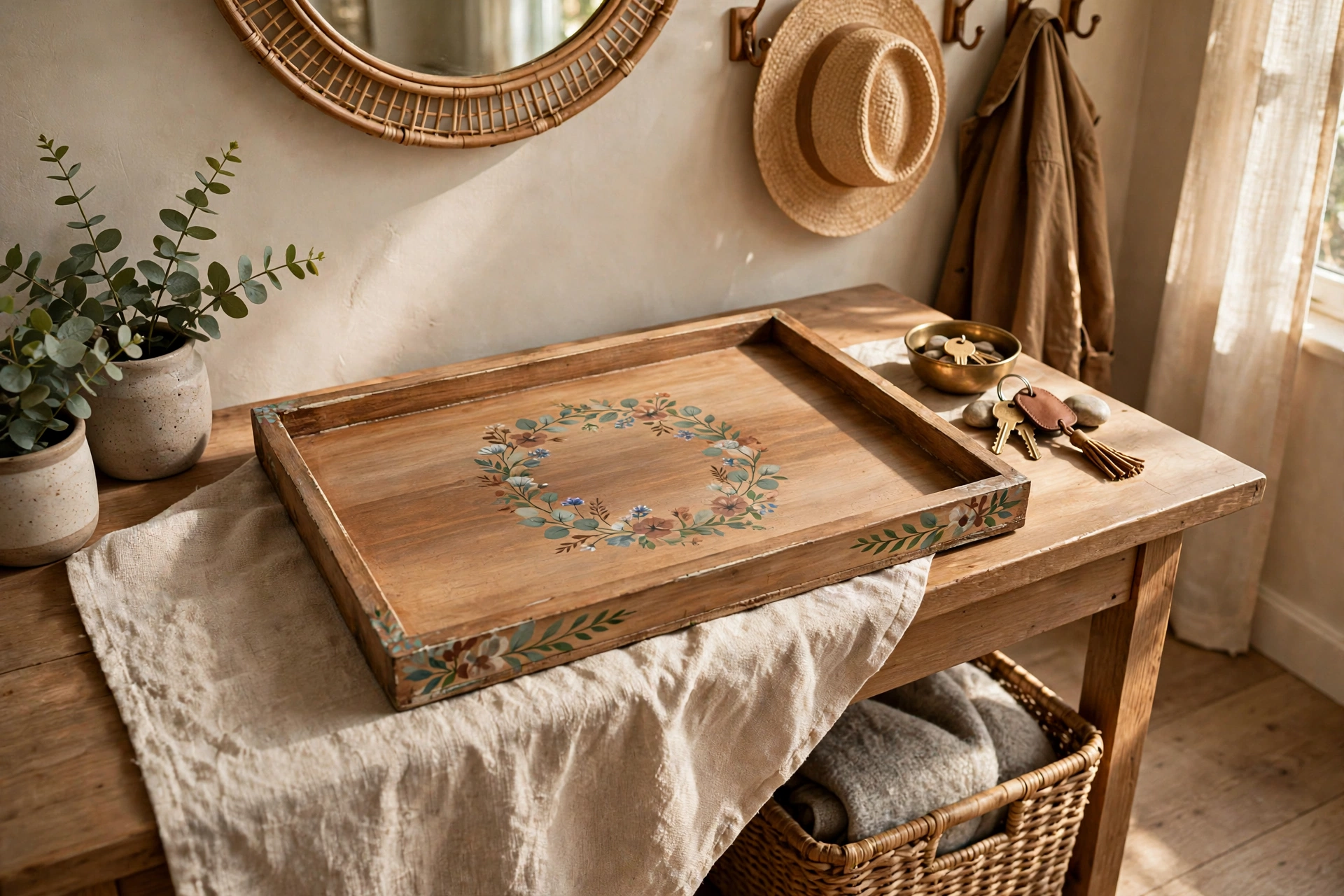 Hand-painted DIY wooden tray with a monogram styled on an entryway table