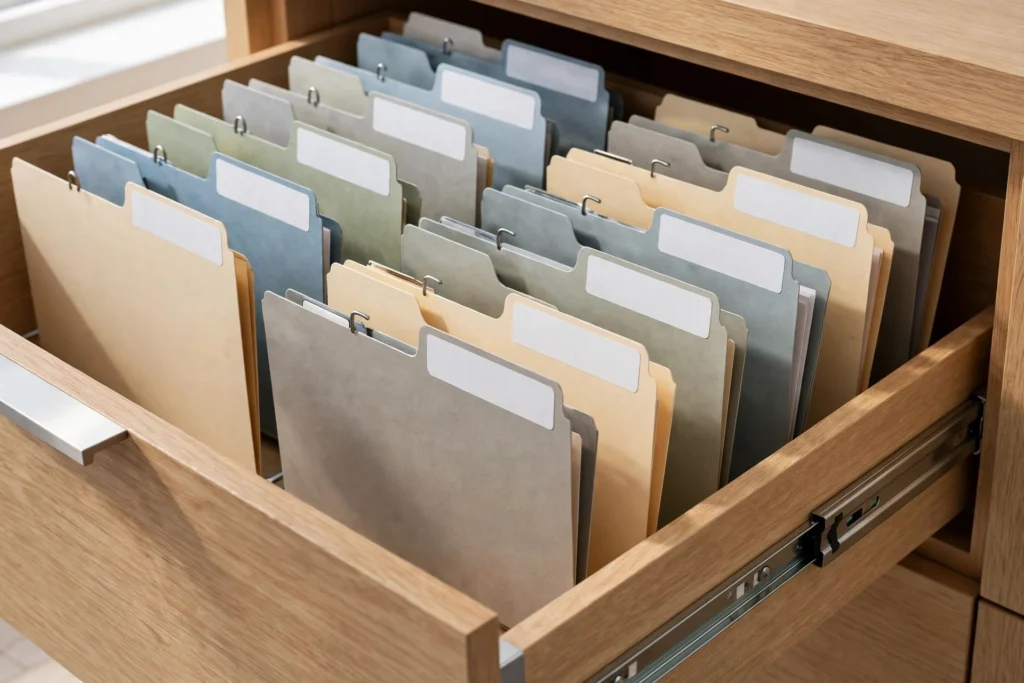 Labeled file folders with printed labels inside an organized cabinet drawer