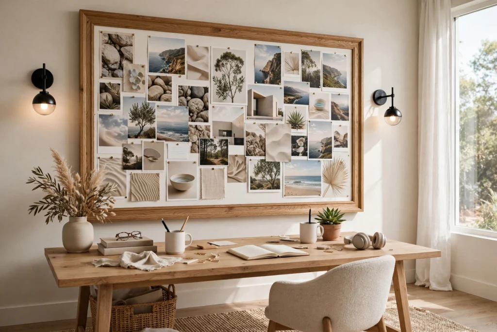 Oversized framed vision board as wall-art centerpiece above a styled desk with sconces