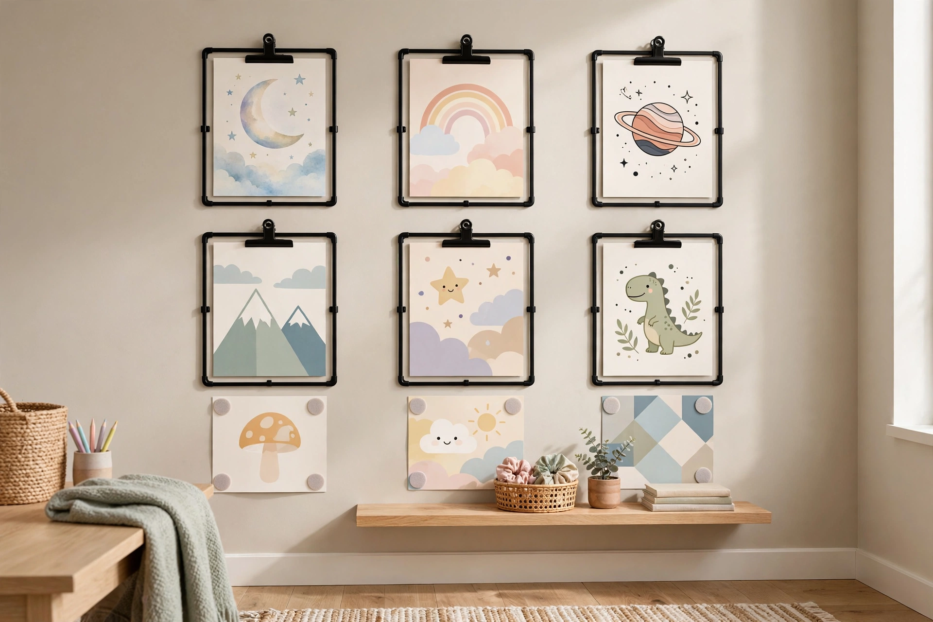 Tween bedroom wall with clip frames and velcro posters that are easy to swap out