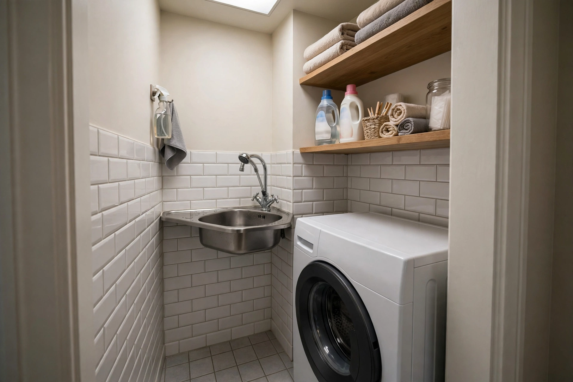 Compact corner-mounted laundry sink tucked beside a washer in a tiny laundry closet