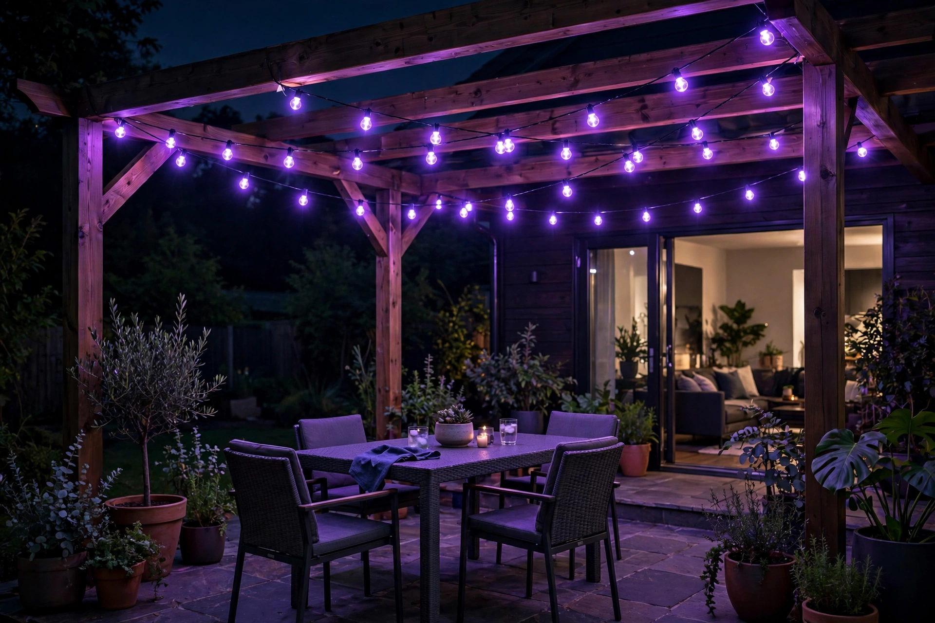 Color-changing smart string lights glowing purple over a patio