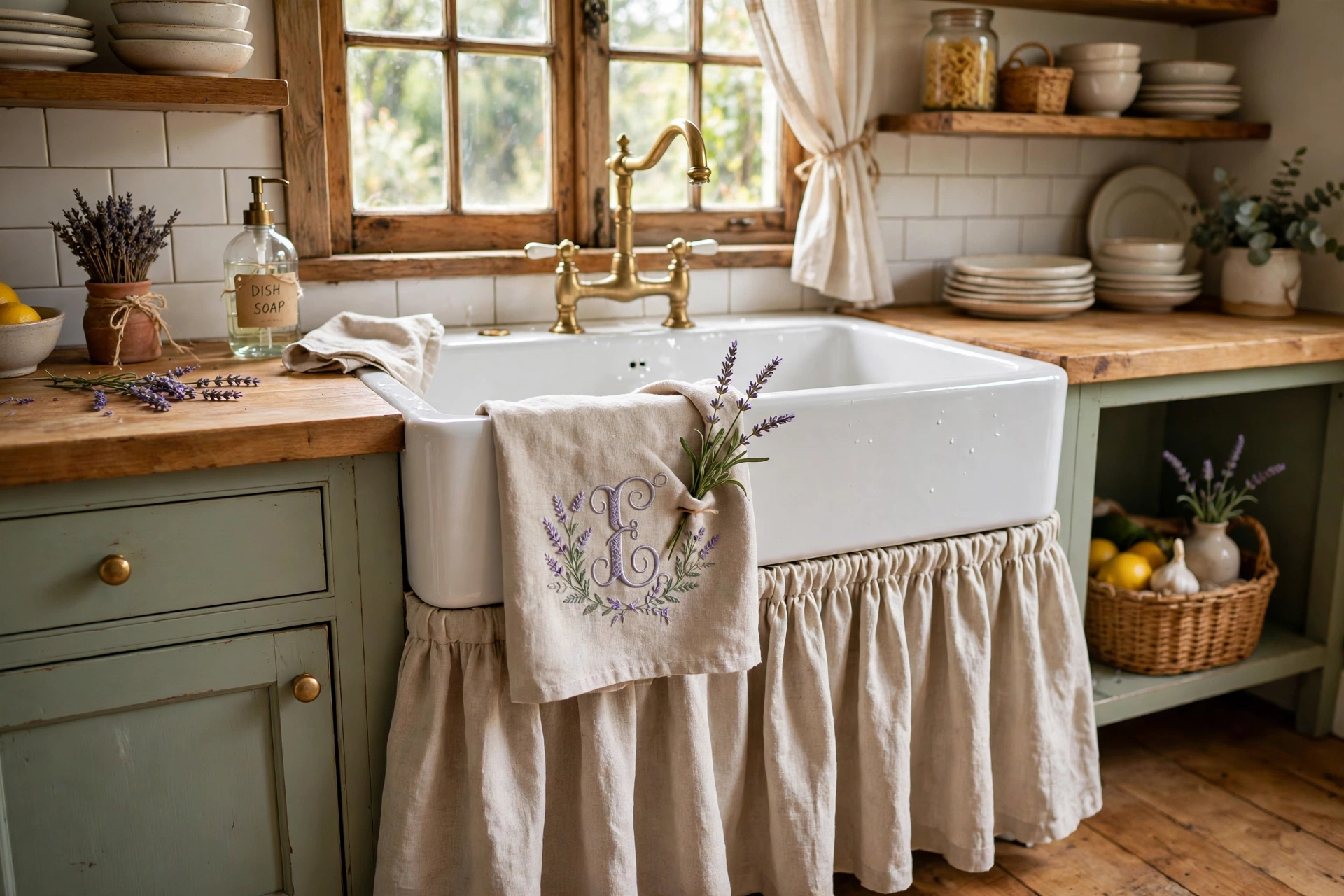 Linen sink skirt with an embroidered monogram and lavender sprig personalizing a cottage kitchen