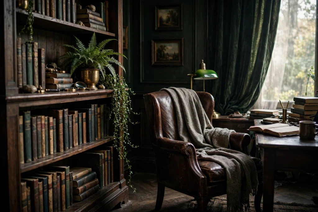 Boston fern in a brass pot and worn wool throw adding life to a moody scholarly office