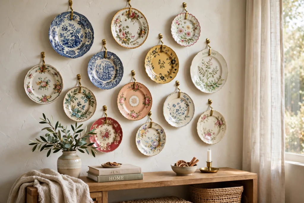 Mix-and-match collected plate wall with vintage and floral plates hung on individual hangers