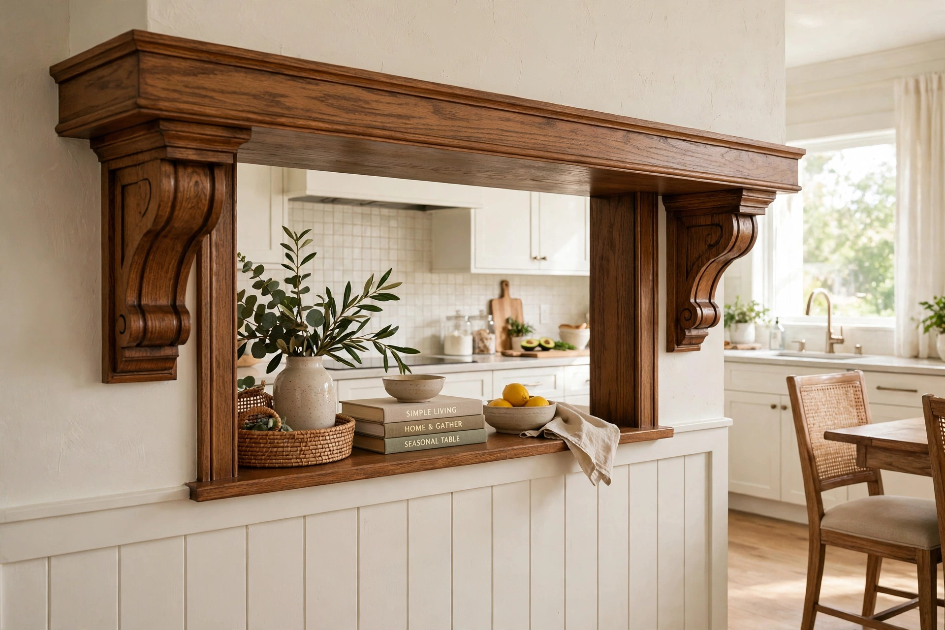 Existing pass-through reframed with chunky craftsman trim and corbels as a focal point