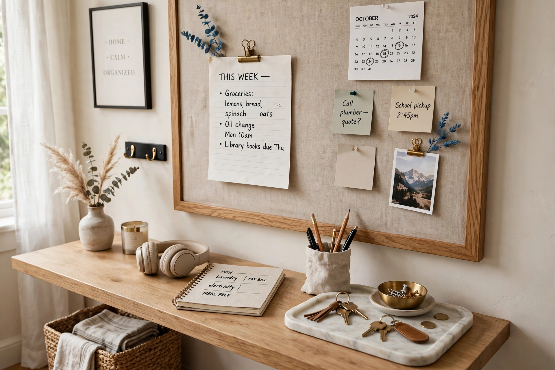 Beautifully styled command center with linen bulletin board and marble key tray as decor