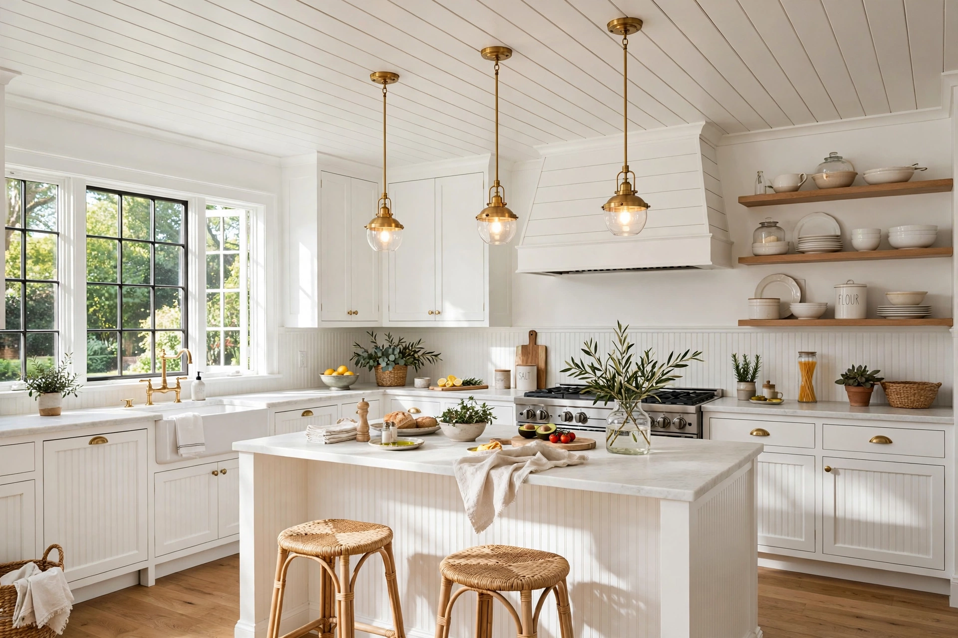 Kitchen combining beadboard wainscoting with a shiplap ceiling in a unified white palette
