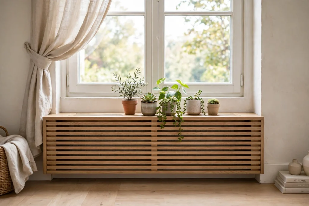 Low profile radiator cover styled with small plants under a window