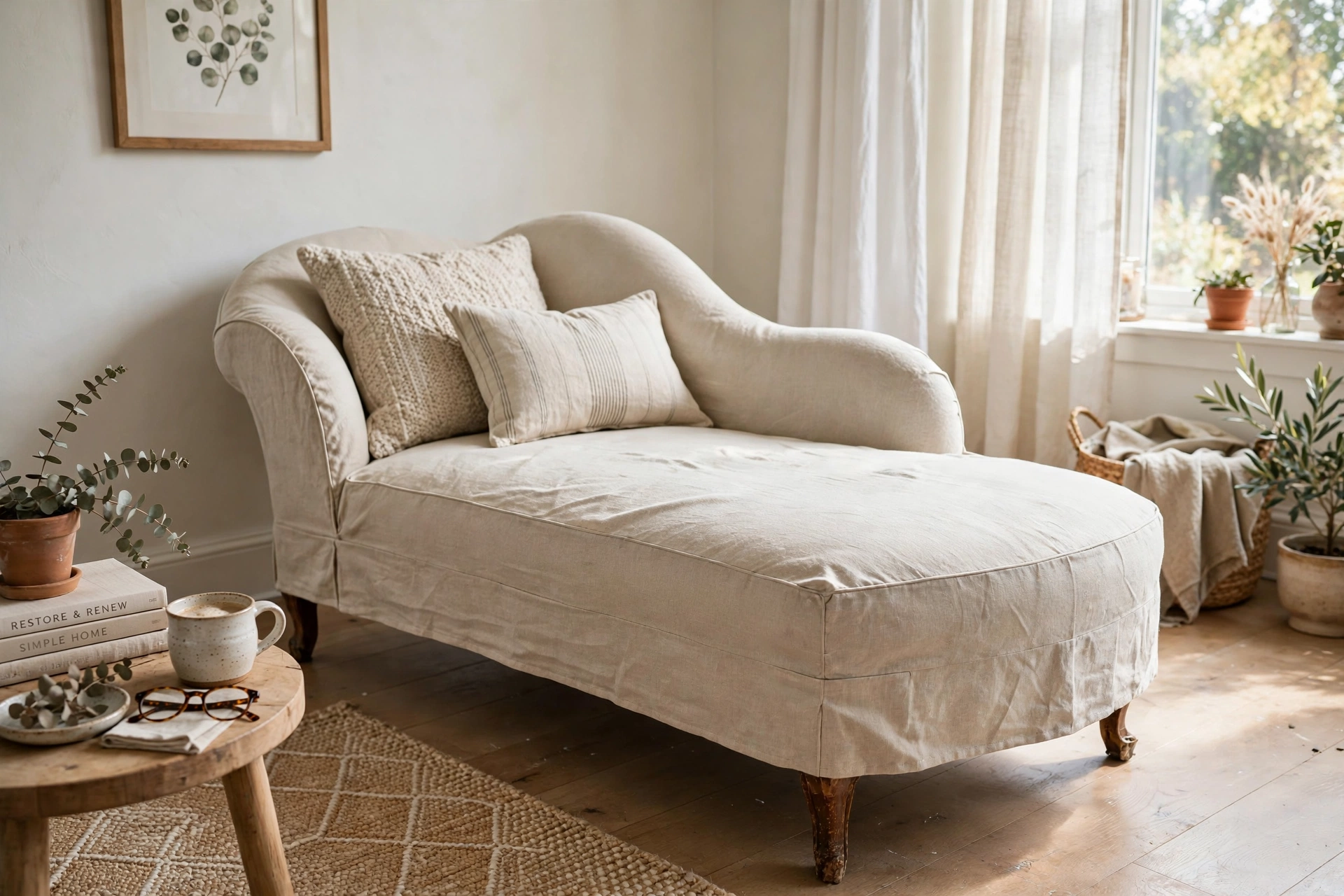 Secondhand chaise lounge renewed with a tailored natural linen slipcover