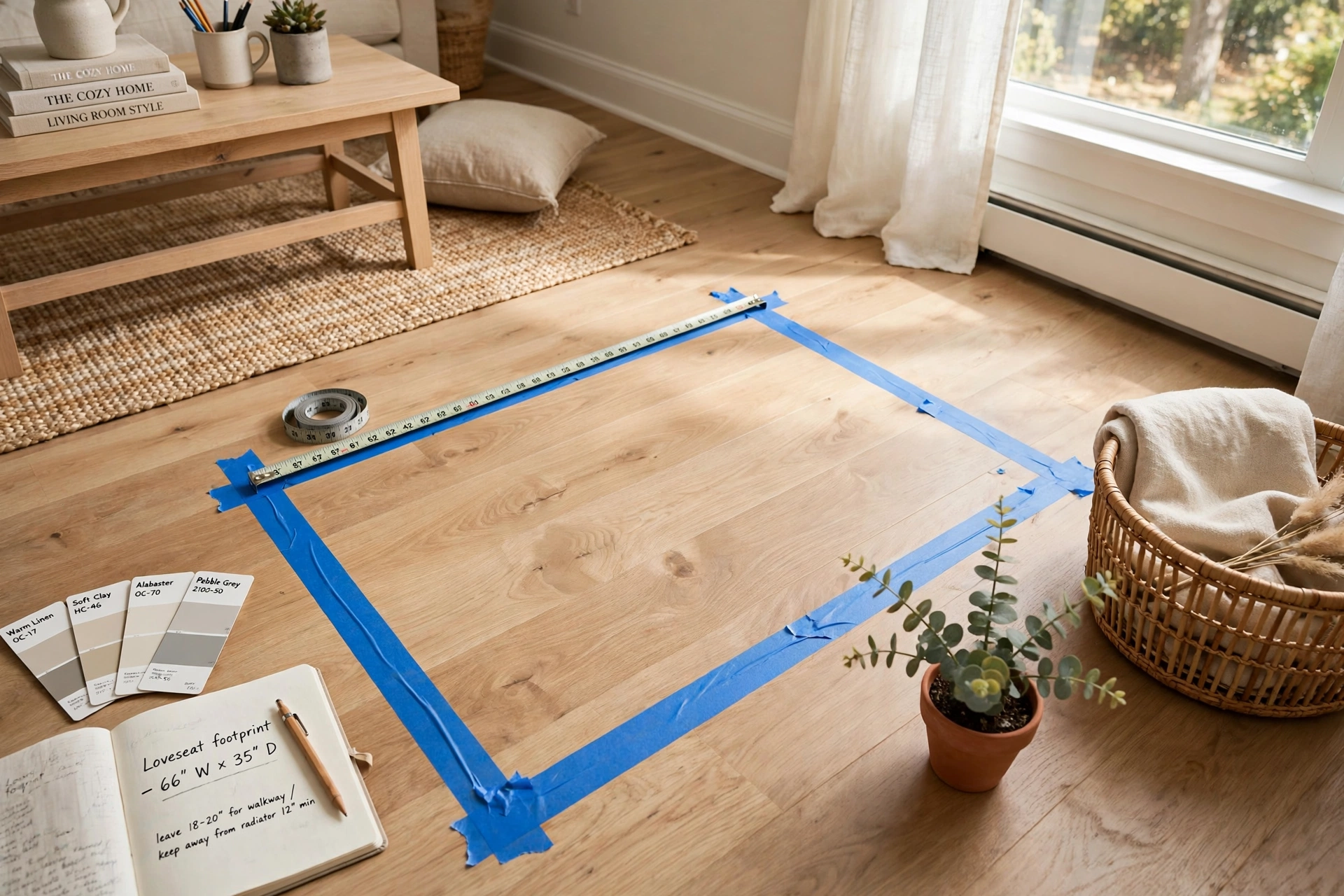 Painter's tape marking a loveseat footprint on a living room floor