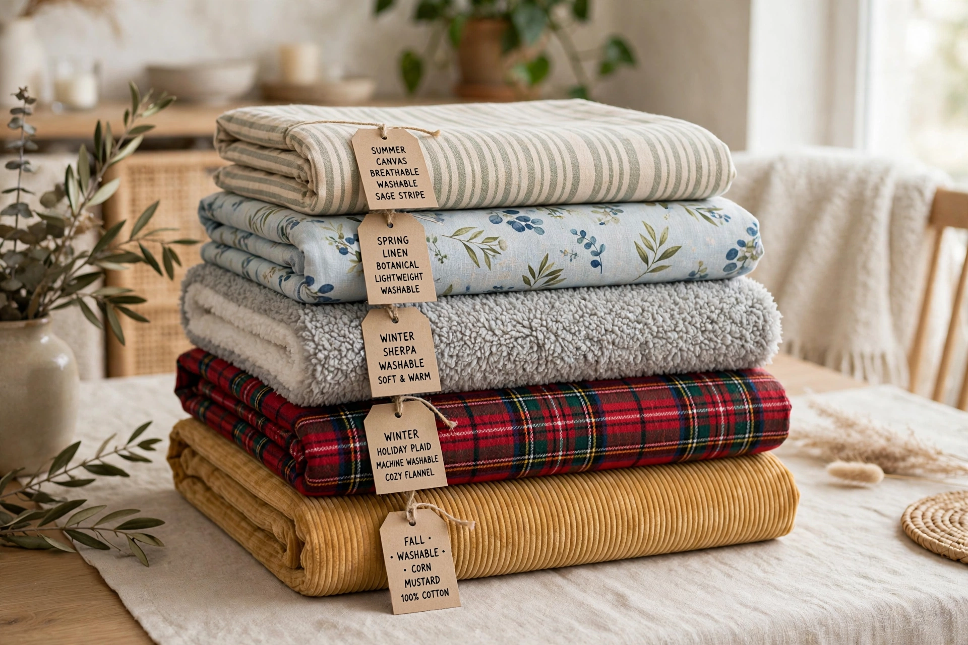 Neat stack of seasonal washable dog bed covers in different fabrics