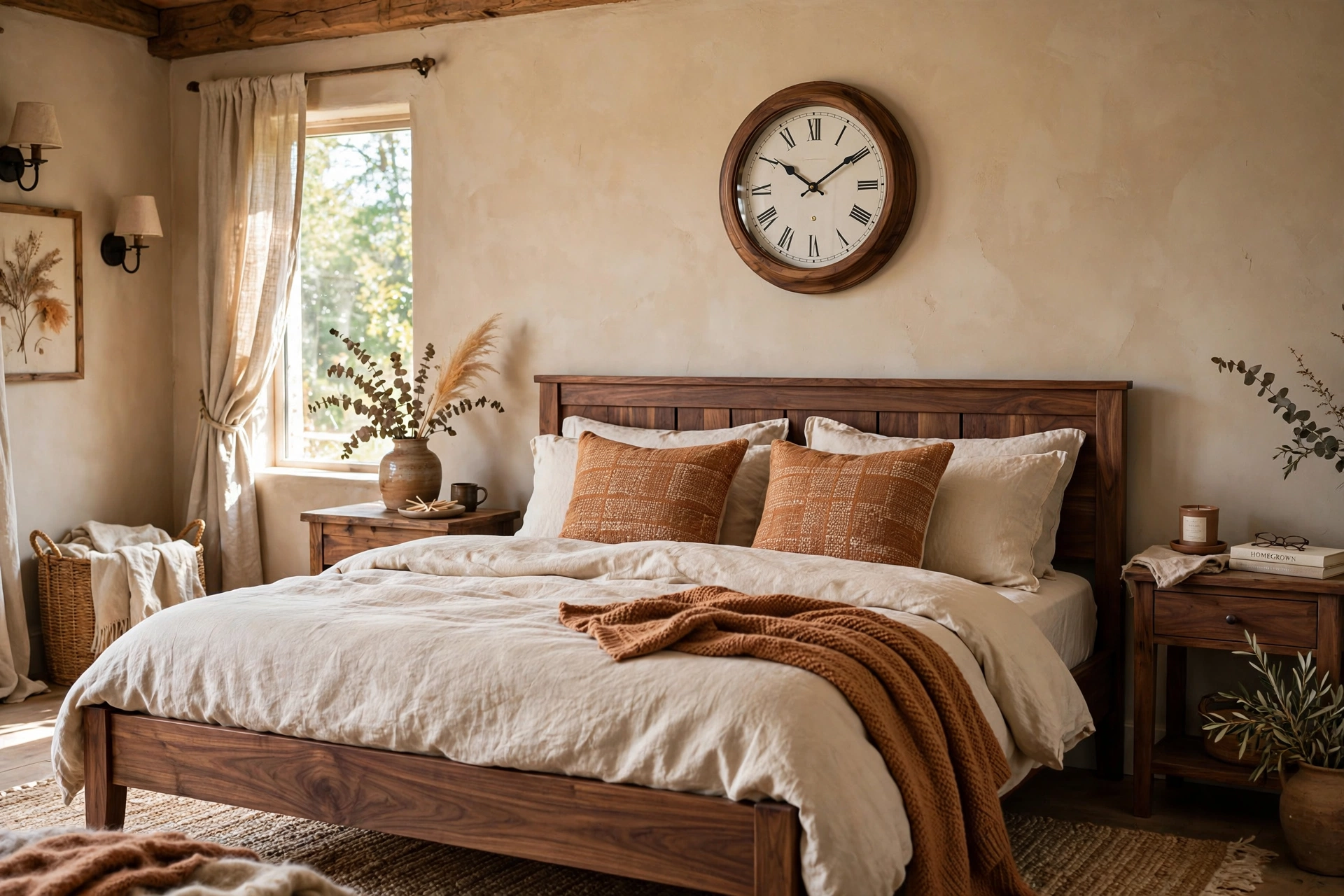 Walnut-framed clock matching the wooden bed frame in a warm rustic bedroom