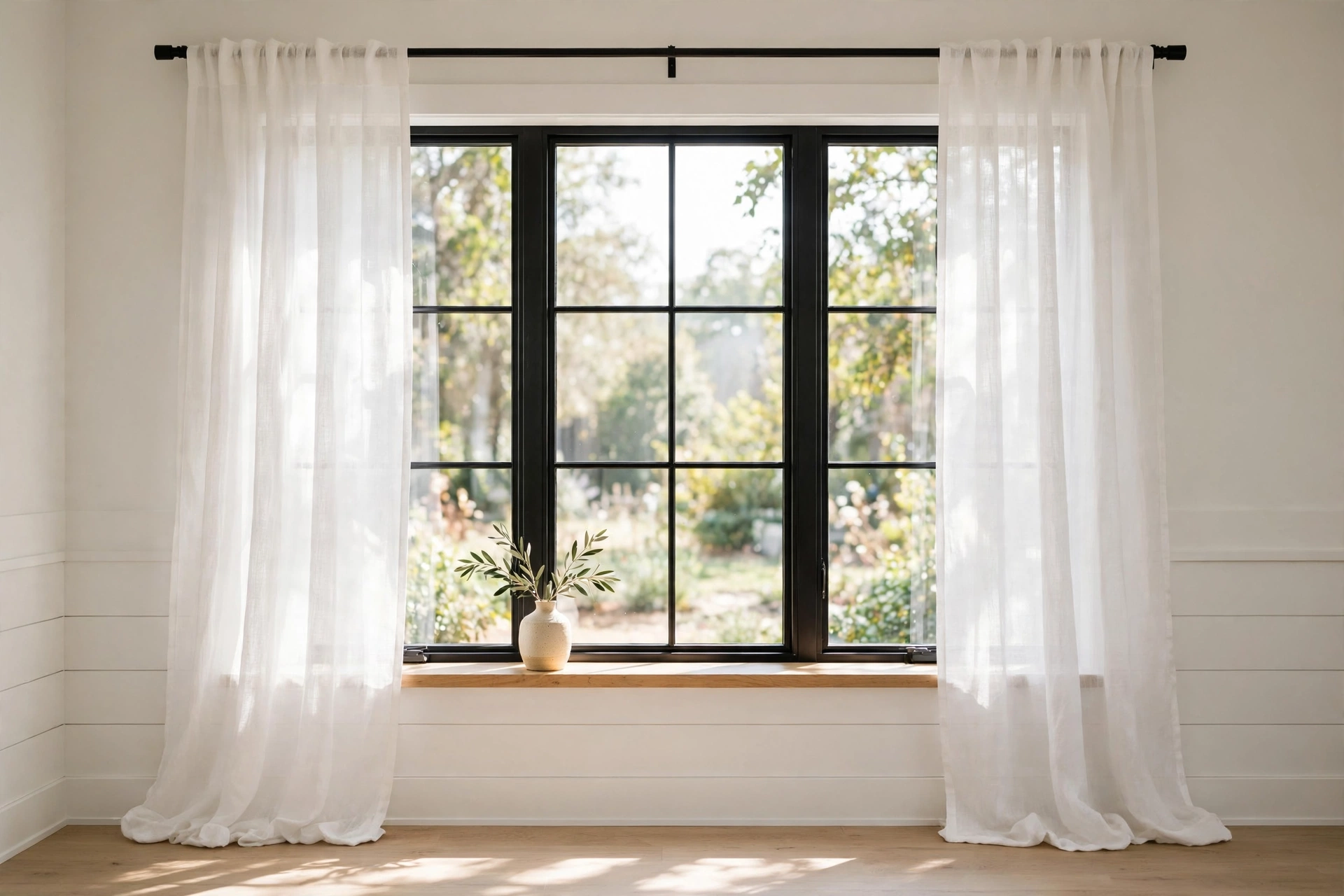 Airy white linen curtains on black rod in a sunlit farmhouse living room