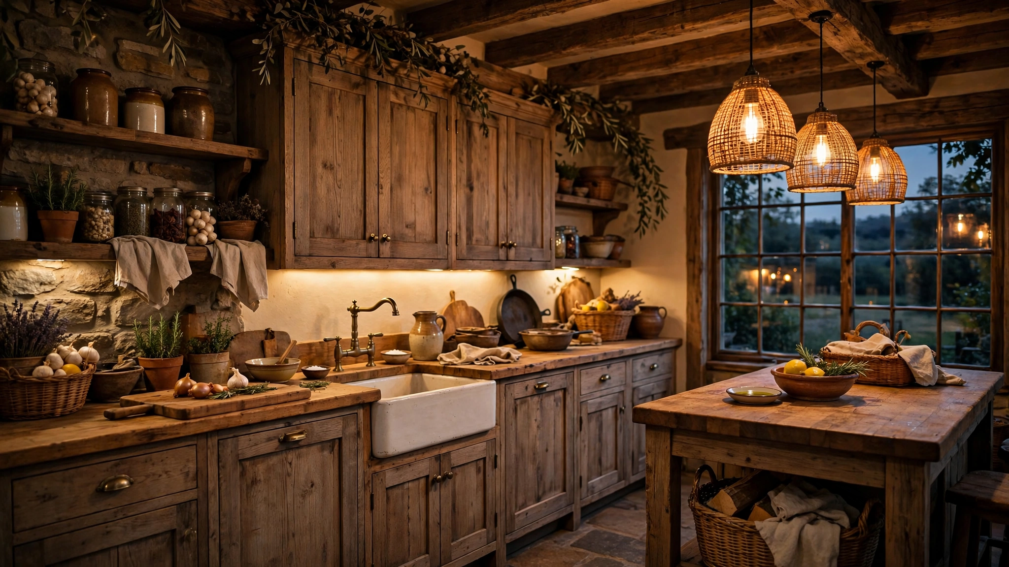 Rustic kitchen glowing with warm layered lighting in the evening