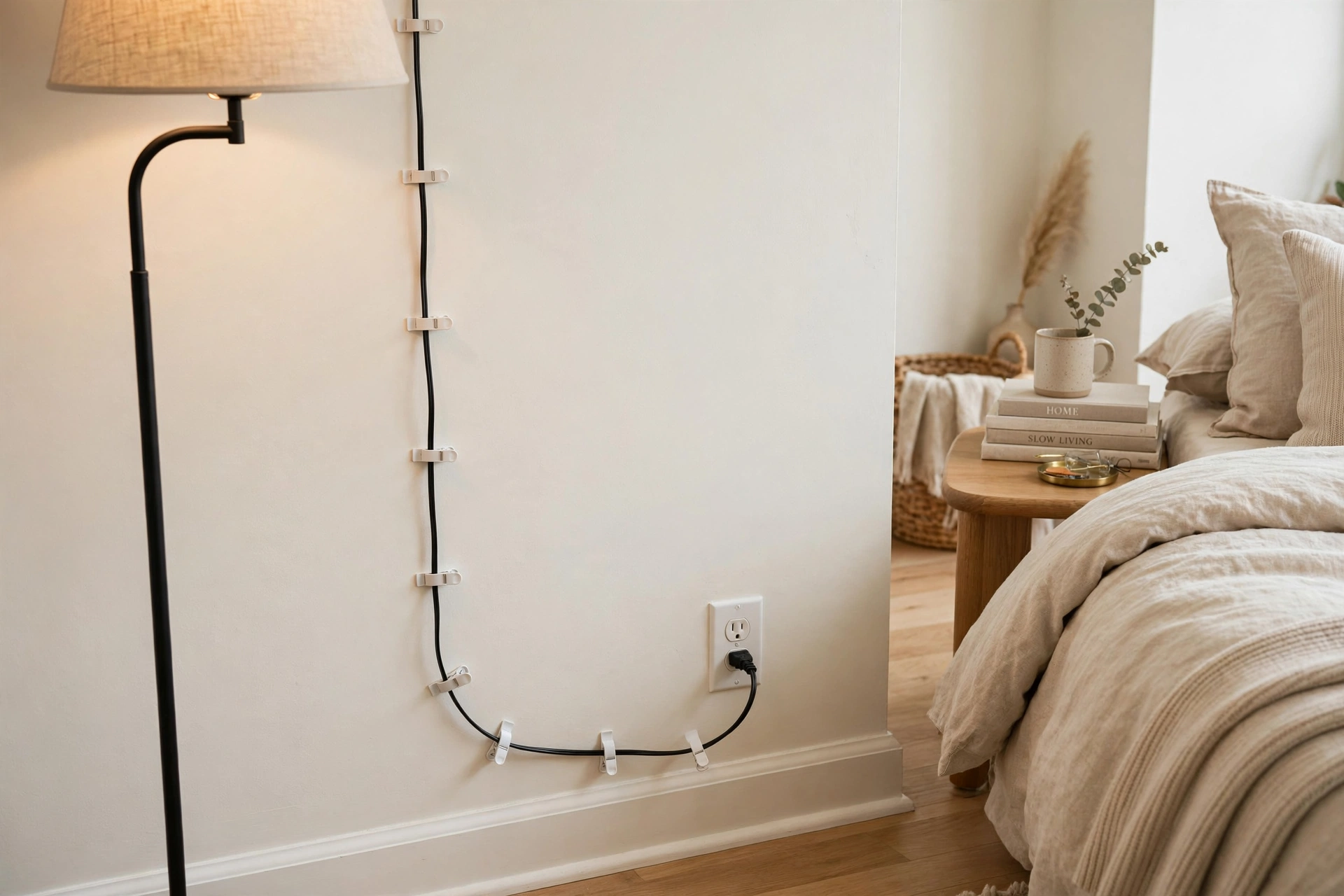 Floor lamp cord neatly clipped along a bedroom wall to the outlet