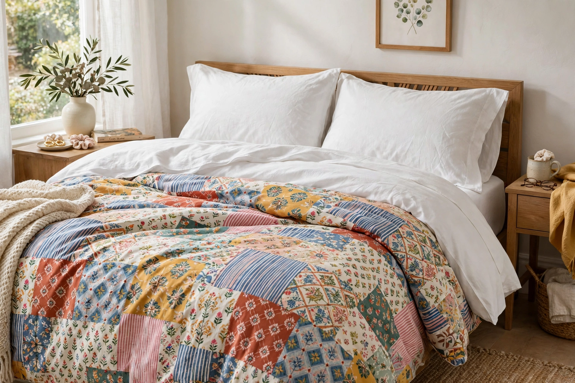 Luxury white sheets paired with an affordable colorful duvet cover on a bed