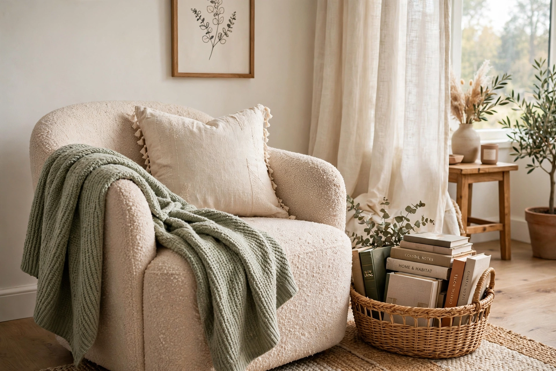 Styled accent chair with a draped throw, pillow and book basket beside it