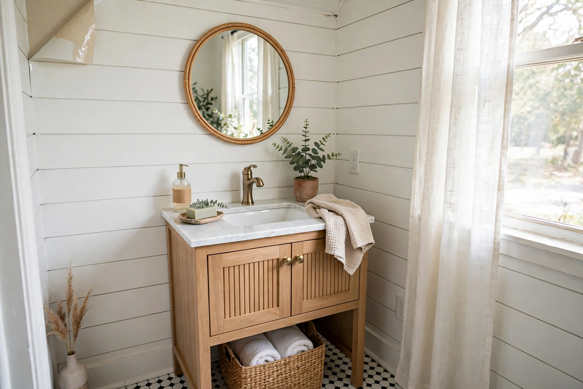Renter-friendly peel-and-stick shiplap wall behind a small bathroom vanity