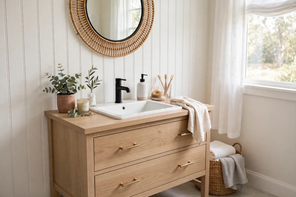 Renter-friendly peel-and-stick beadboard panels behind a bathroom vanity