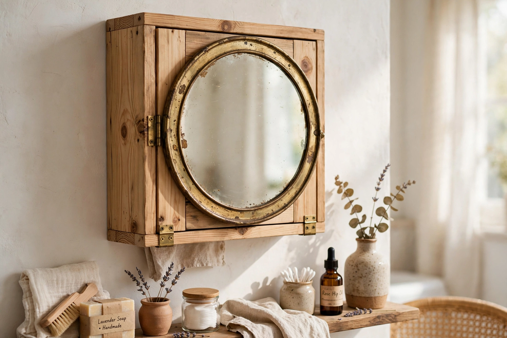 DIY medicine cabinet built from a vintage round mirror on a pine box