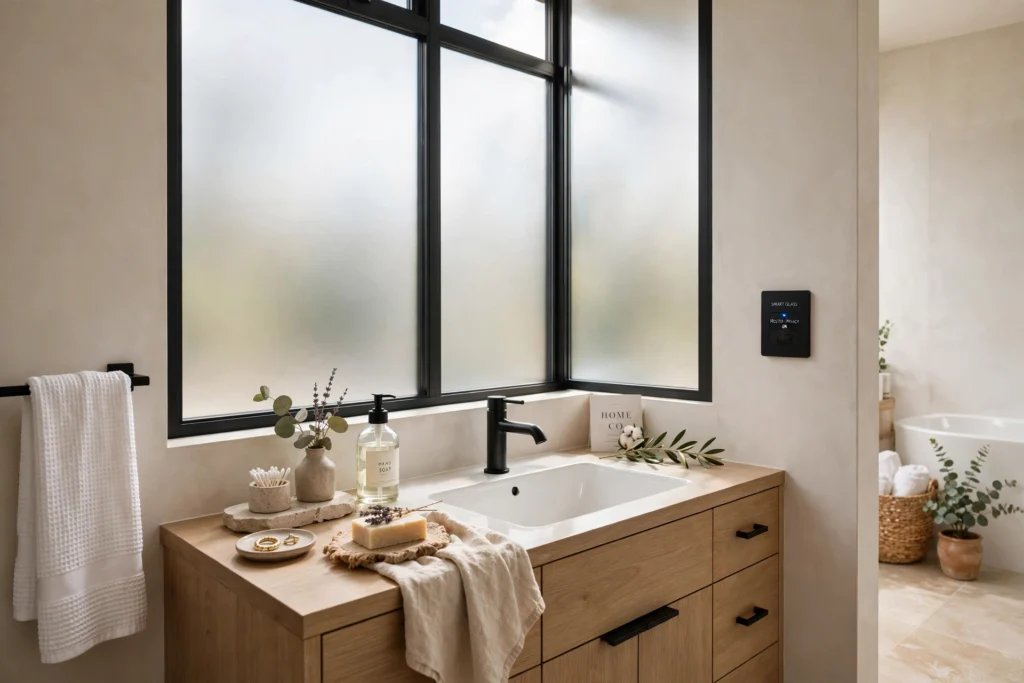 Modern bathroom window with switchable smart glass turned frosted for privacy
